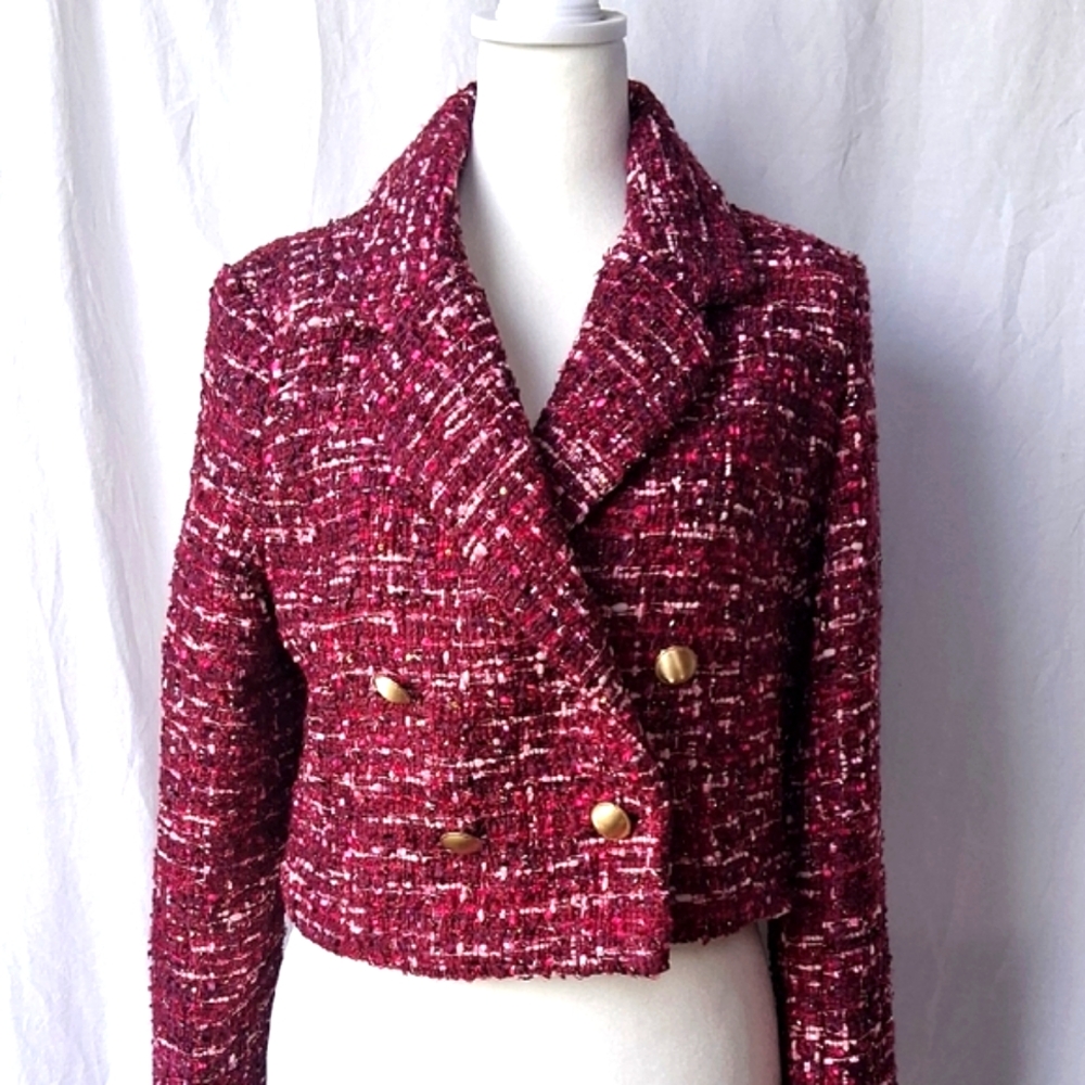 House Of Harlow 1960 Tweed Cropped Double-Breasted Jacket - Burgundy S